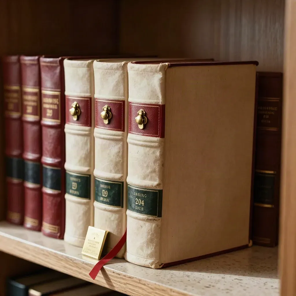 Volumi di codici legali con nastri rossi e sigillo in una biblioteca giuridica