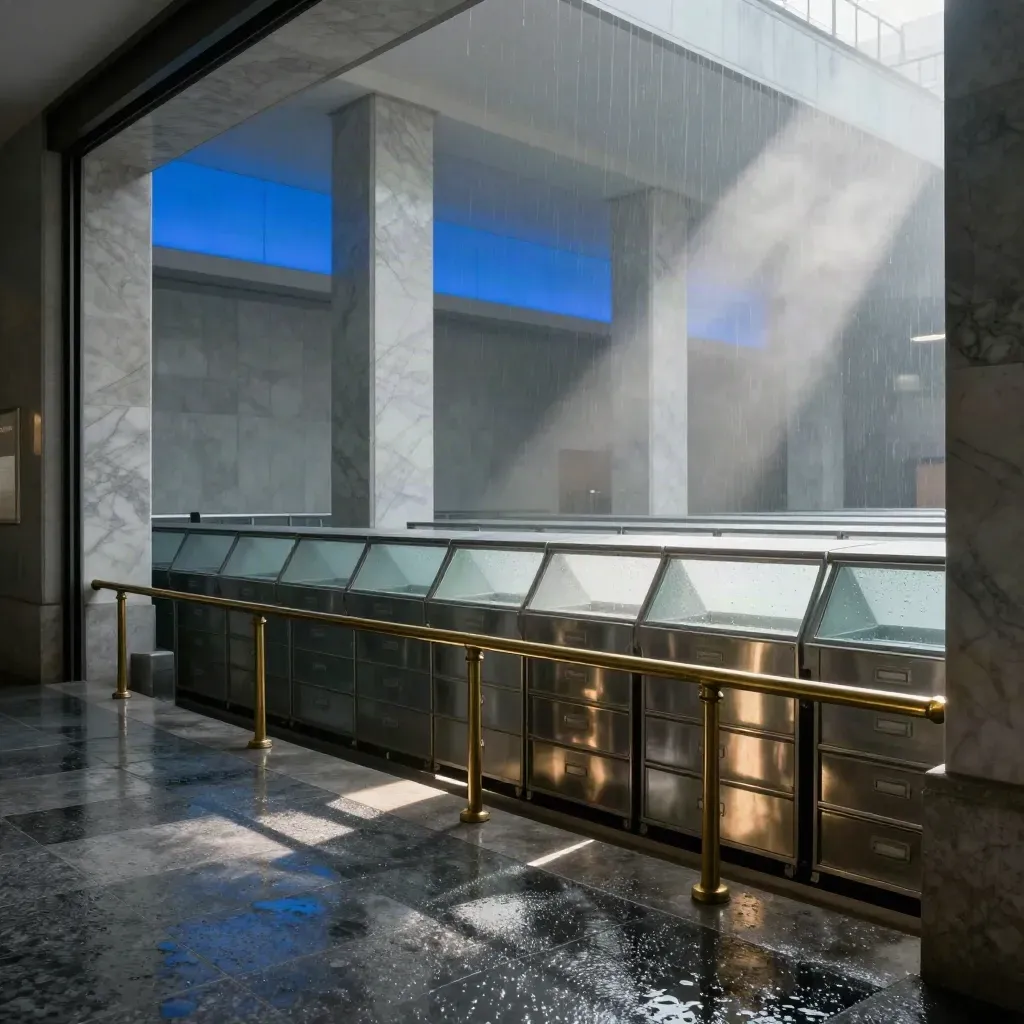 Sala istituzionale monumentale con luce blu, archivi e pietra bagnata per Il Governo