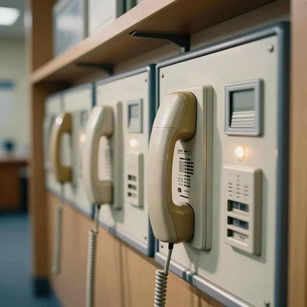 Centralino con telefoni, spie luminose e schedari, in luce calda e ordinata.