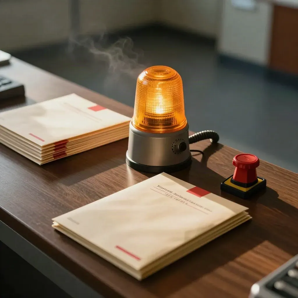 Console avvisi emergenza con beacon ambra, radio meteo e buste sigillate su fondo scuro.