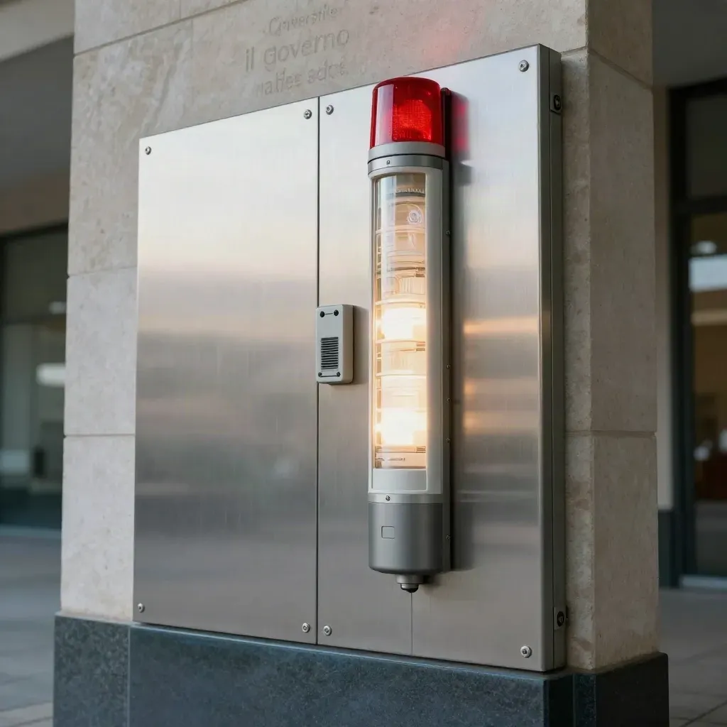 Colonna di avvisi su parete operativa con radio e beacon rosso, vista dal basso