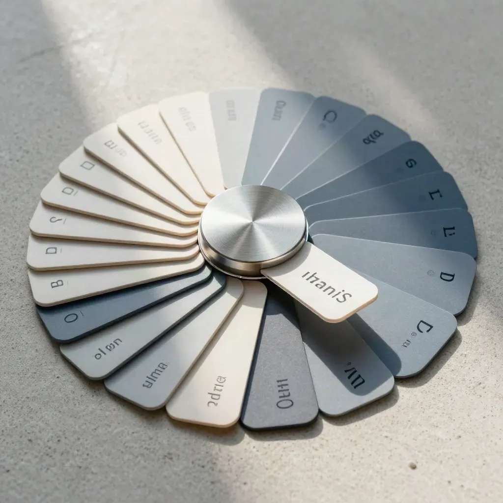 Tab e chip interlocking in una griglia circolare su pietra chiara, luce morbida dall’alto.