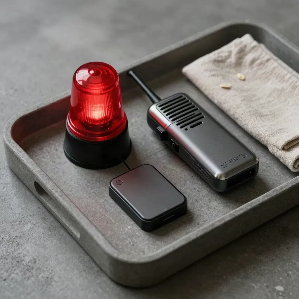 Vassoio neutro con beacon acceso, radio e dock notifiche, luce soffusa laterale.