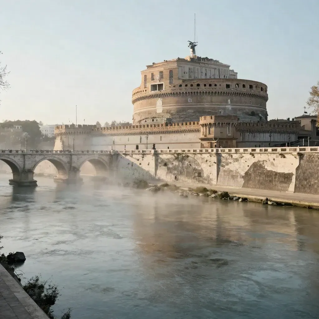 Castel Sant’Angelo e la cupola di Roma tra la foschia del Tevere