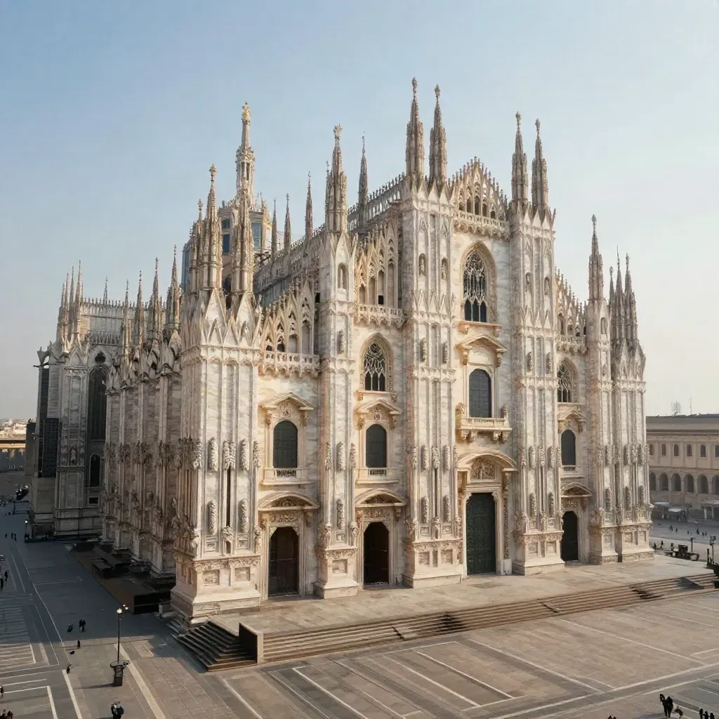 Il Duomo di Milano alto su piazza di pietra vuota al tramonto, con grattacieli sfumati sullo sfondo.