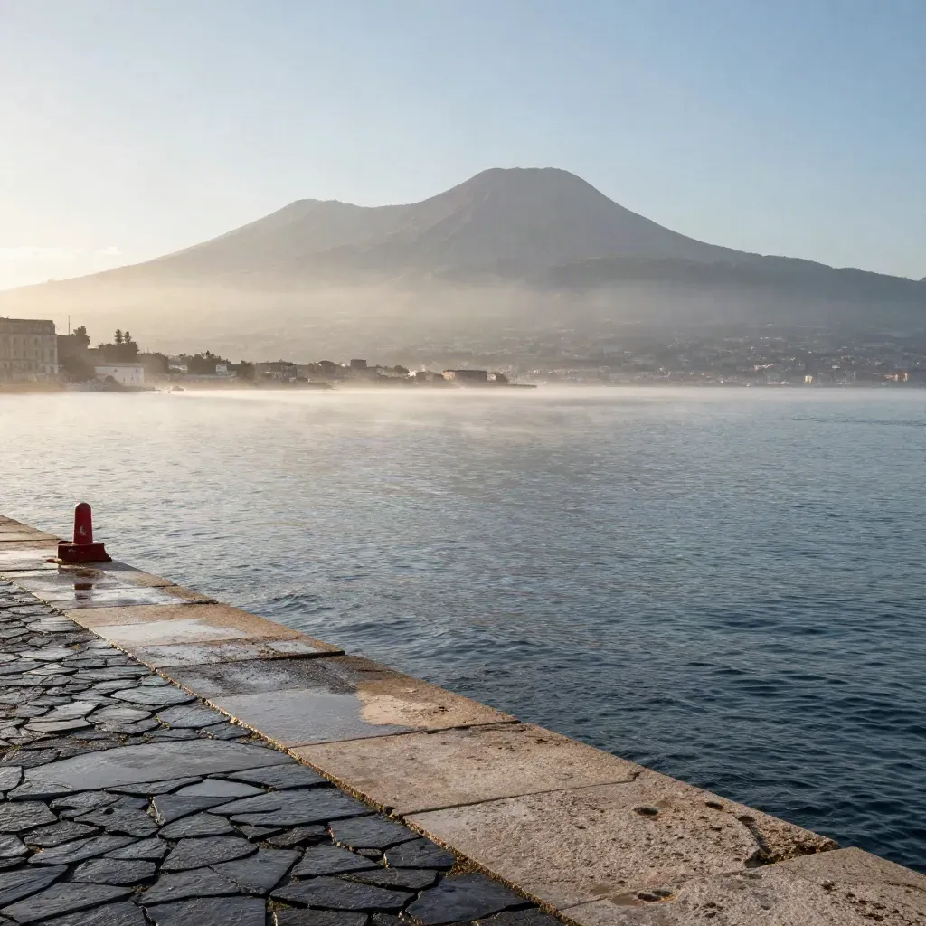 Golfo di Napoli con il Vesuvio alto nella foschia e il mare chiaro sopra un molo silenzioso.