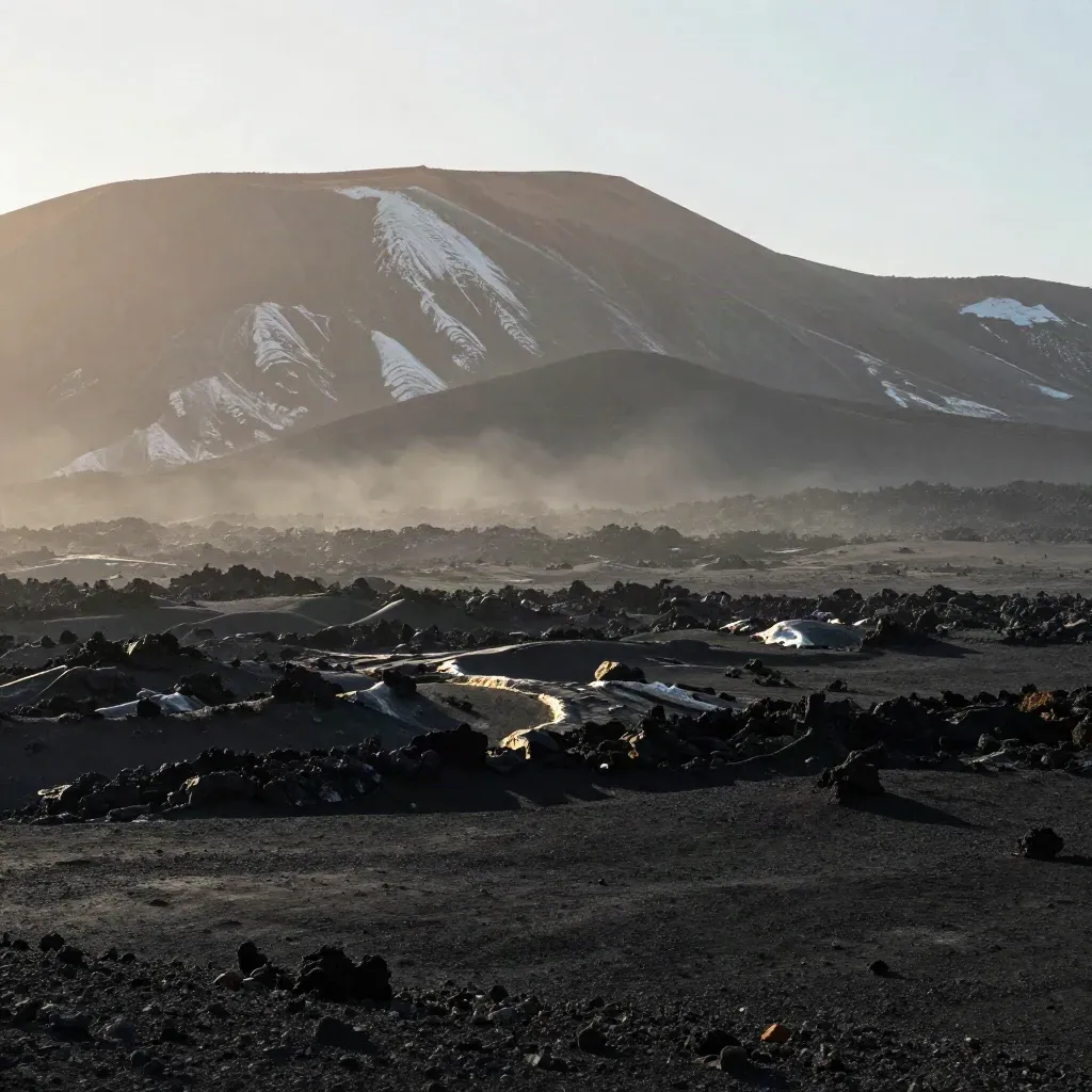 Distesa lavica dell’Etna con foschia sottile e colline agrumate lontane.